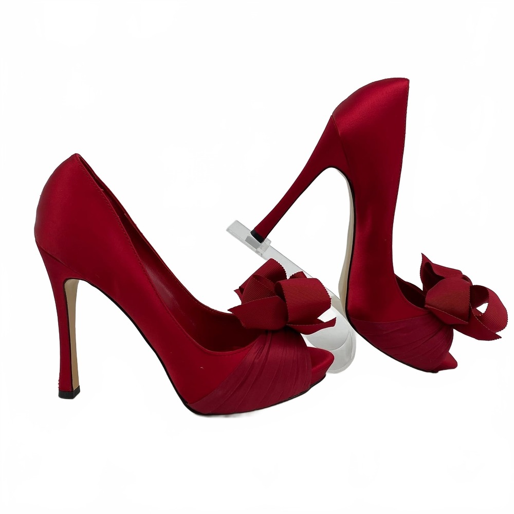 RSVP Red Satin Bow Peep Toe Heels | Women’s 9.5 Regular Leather Pump